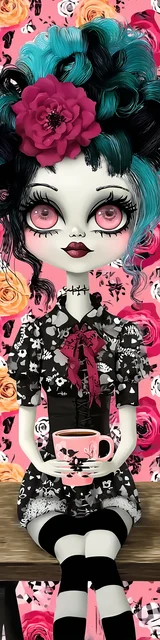 Free teacher bookmark featuring a gothic teacher sitting with coffee